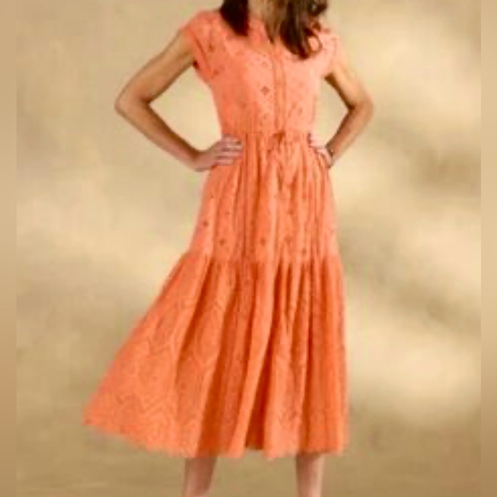 NWT Sundance Brea Eyelet Midi Dress Womens Coral Flowy‎ Tie Waist Size XL